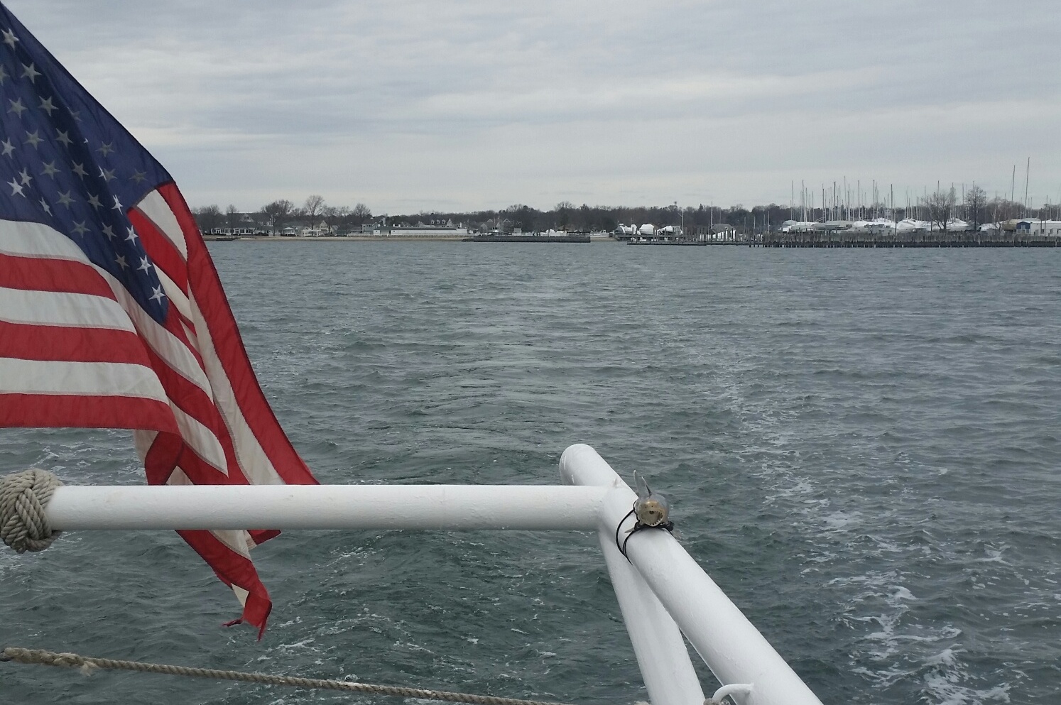 The schooner SoundWaters heads into Stamford harbor for the first time